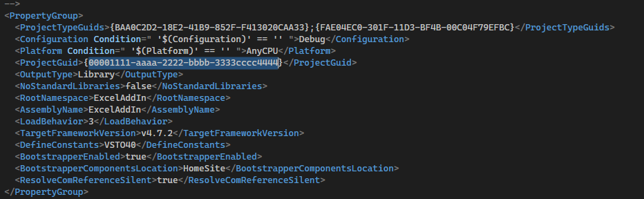 Screenshot that shows the ProjectGuid element in the PropertyGroup element.