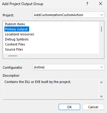 Screenshot of the Add Project Output Group window.