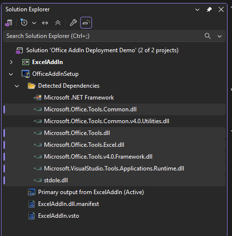 Screenshot that shows the dependencies to exclude in Solution Explorer.