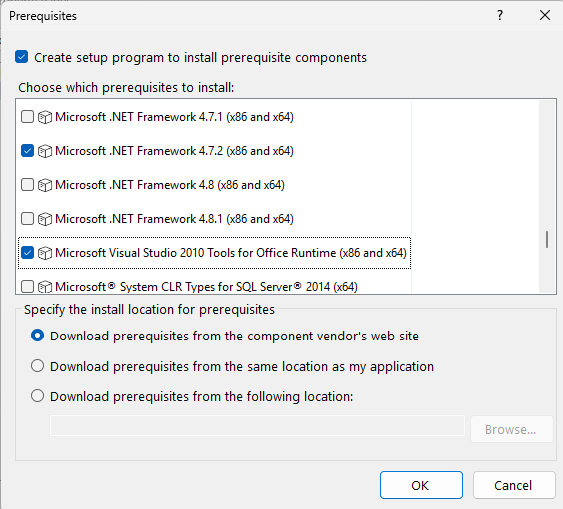 Screenshot of the Prerequisites dialog.