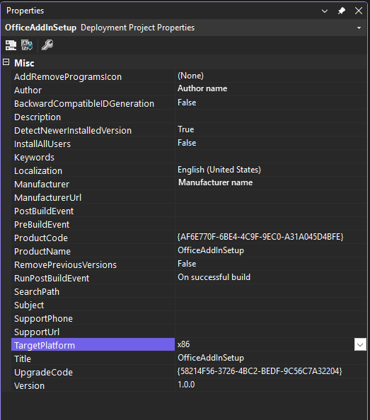 Screenshot of the Properties window that shows the target platform for registering add-ins with 64-bit Office.