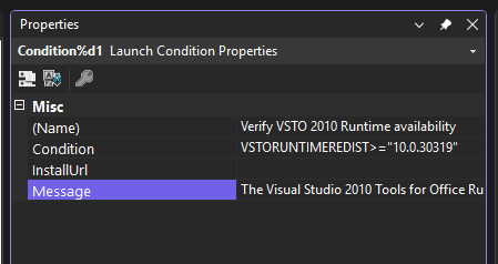 Screenshot of the Properties window for the Verify Runtime Availability launch condition.