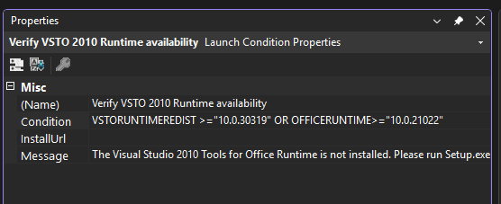 Screenshot of the Properties window for the launch condition.