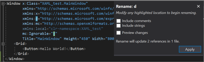 Screenshot of the XAML code editor's Rename Namespace option that appears by using the right-click context menu The XAML code editor's Rename Namespace option from the right-click context menu