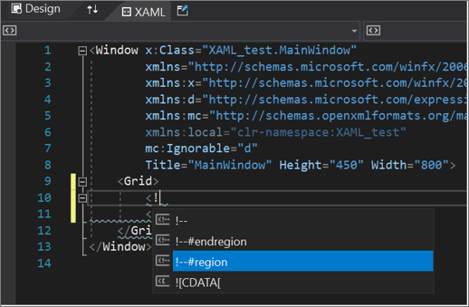 Screenshot of the XAML code editor with #region options showing in IntelliSense The XAML code editor with #region options showing in IntelliSense