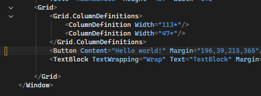 Screenshot of the code editor with a change marked with a yellow bar in the selection margin. Screenshot of the code editor edit with a yellow bar.