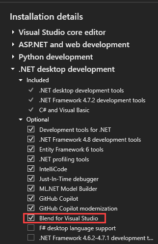 Screenshot that shows .NET desktop development workload components.