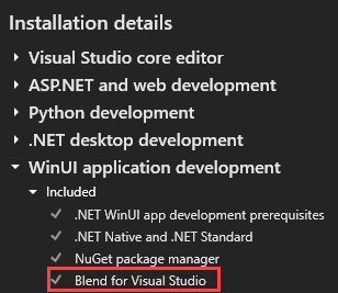 Screenshot that shows WinUI workload components.