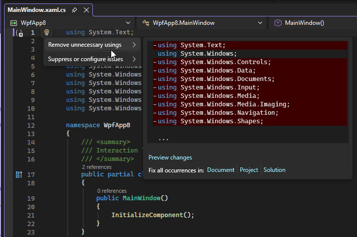Screenshot of the IDE editor's "Remove Unnecessary Usings" option from the Quick Actions menu.