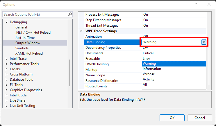 Screenshot of the Data Binding option in the WPF Trace Settings group.