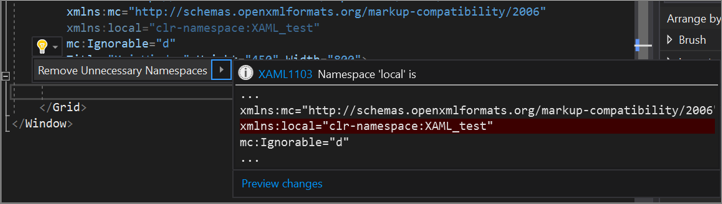 Screenshot of the XAML code editor's Remove Unnecessary Namespaces option that appears by using the Quick Actions lightbulb The XAML code editor's Remove Unnecessary Namespaces option from the Quick Actions lightbulb