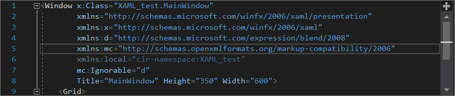 Screenshot of the XAML code editor, middle pane only, in Visual Studio 2019 The XAML code editor, middle pane only, in Visual Studio