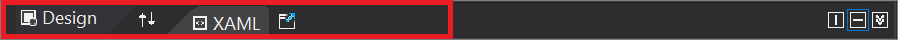 Screenshot of the first of the two top rows of the XAML code editor window in Visual Studio 2019, in which UI elements on the left are highlighted The first of the two top rows of the XAML code editor window in Visual Studio, with the left side of the first row highlighted