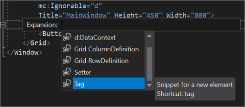 Screenshot of the XAML code editor with XAML code snippet options showing in IntelliSense The XAML code editor with XAML code snippet options showing in IntelliSense