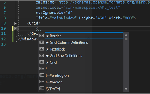 Screenshot of the IntelliCode list for the XAML text editor The IntelliCode list for the XAML text editor