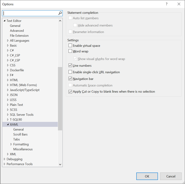 Screenshot of the Options list for the XAML text editor The Options list for the XAML text editor