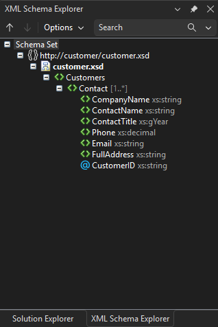 Screenshot showing the tree structure in XML Schema Explorer.