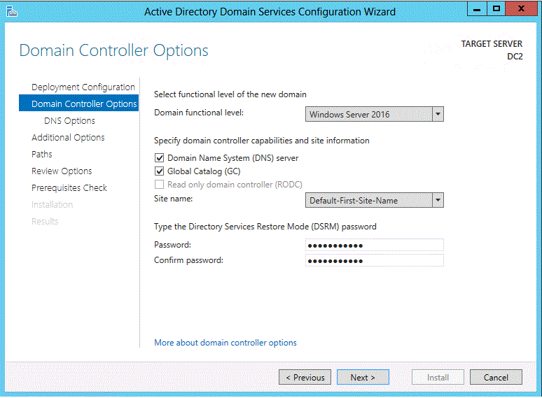 Screenshot of the Domain Controller Options page of the wizard. A domain functional level, available roles, and DSRM password fields are visible.