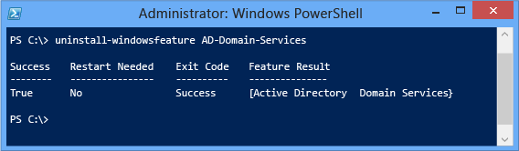 Screenshot that shows an example of Uninstall-WindowsFeature.