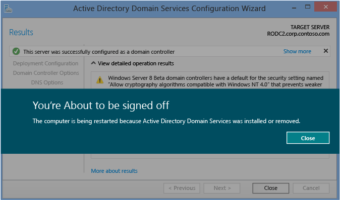 Screenshot of the Results page that includes the success or failure message for the promotion and any important administrative information.