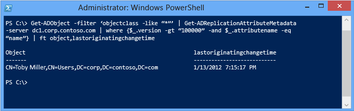 Screenshot that shows how to find all objects authoritatively restored using a system state backup in the domain, based on their artificially high version.