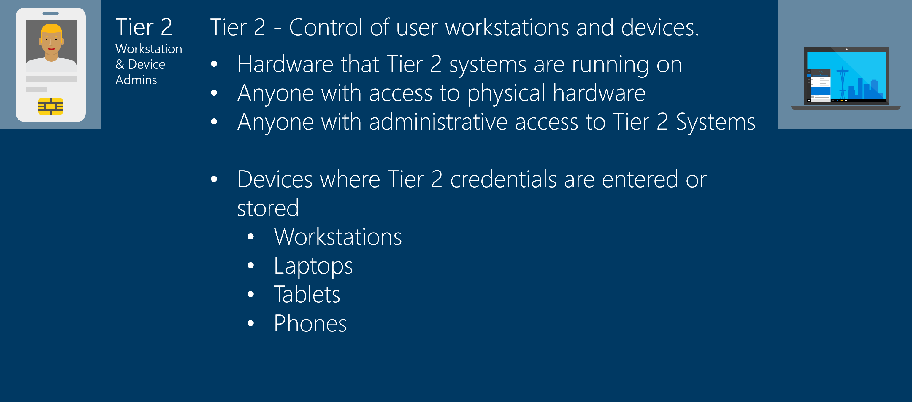Diagram of Tier 2 assets and identities that control user workstations and devices.
