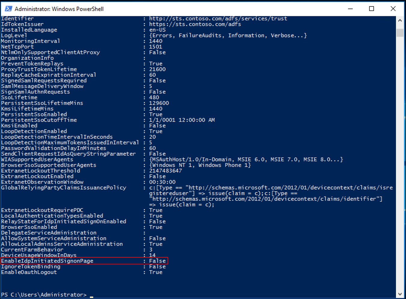 Screenshot that shows PowerShell output highlighting that the EnableIdpInitiatedSignonPage property is set to false.