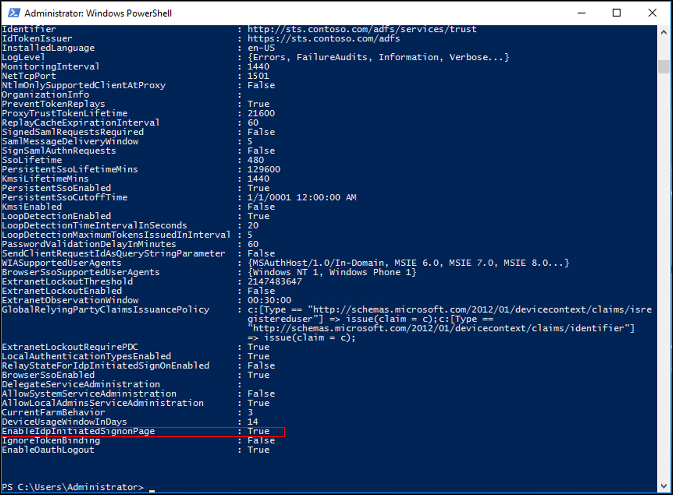 Screenshot that shows PowerShell output highlighting that the EnableIdpInitiatedSignonPage property is set to True.