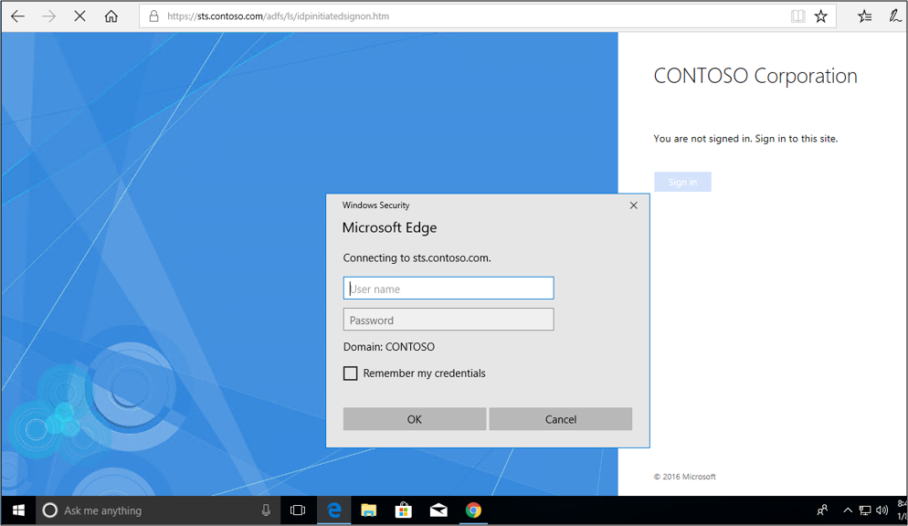 Screenshot that shows the sign-in page and the dialog that prompts for credentials.