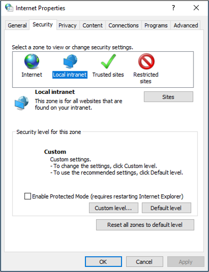 Screenshot that shows the Security tab of the Internet Properties dialog that shows the Local intranet option highlighted.