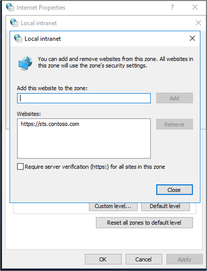 Screenshot that shows the local intranet popup box requesting the URL to be added for authentication.
