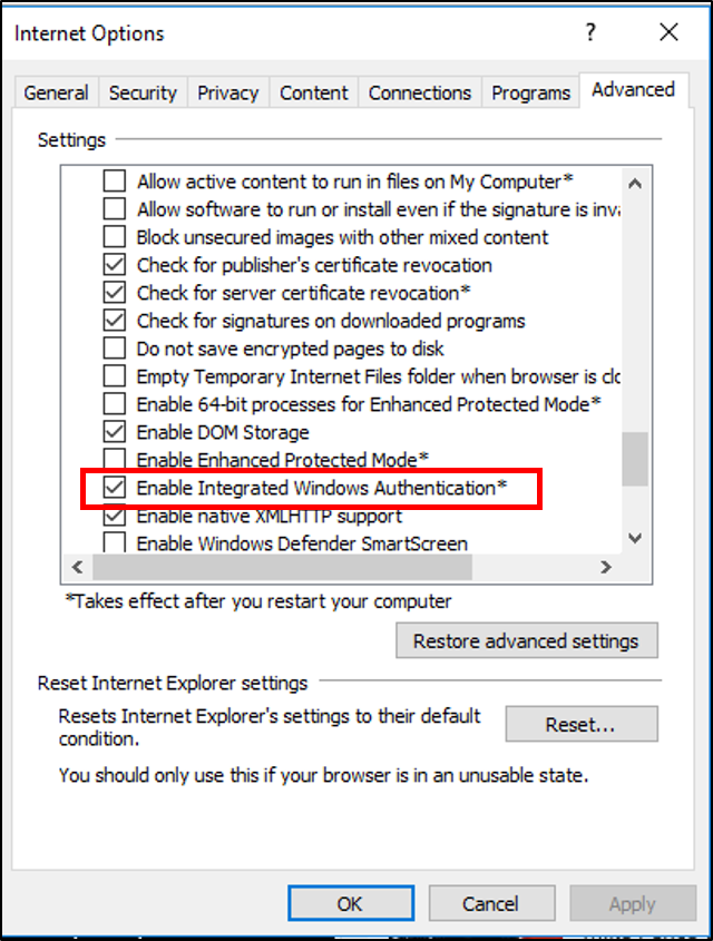 Screenshot that shows the Advanced tab of the Internet Options dialog with the Enable Integrated Windows Authentication option selected.