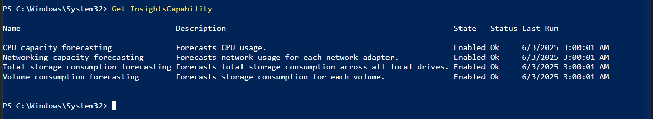 Screenshot of using the Get-InsightsCapability cmdlet in PowerShell.