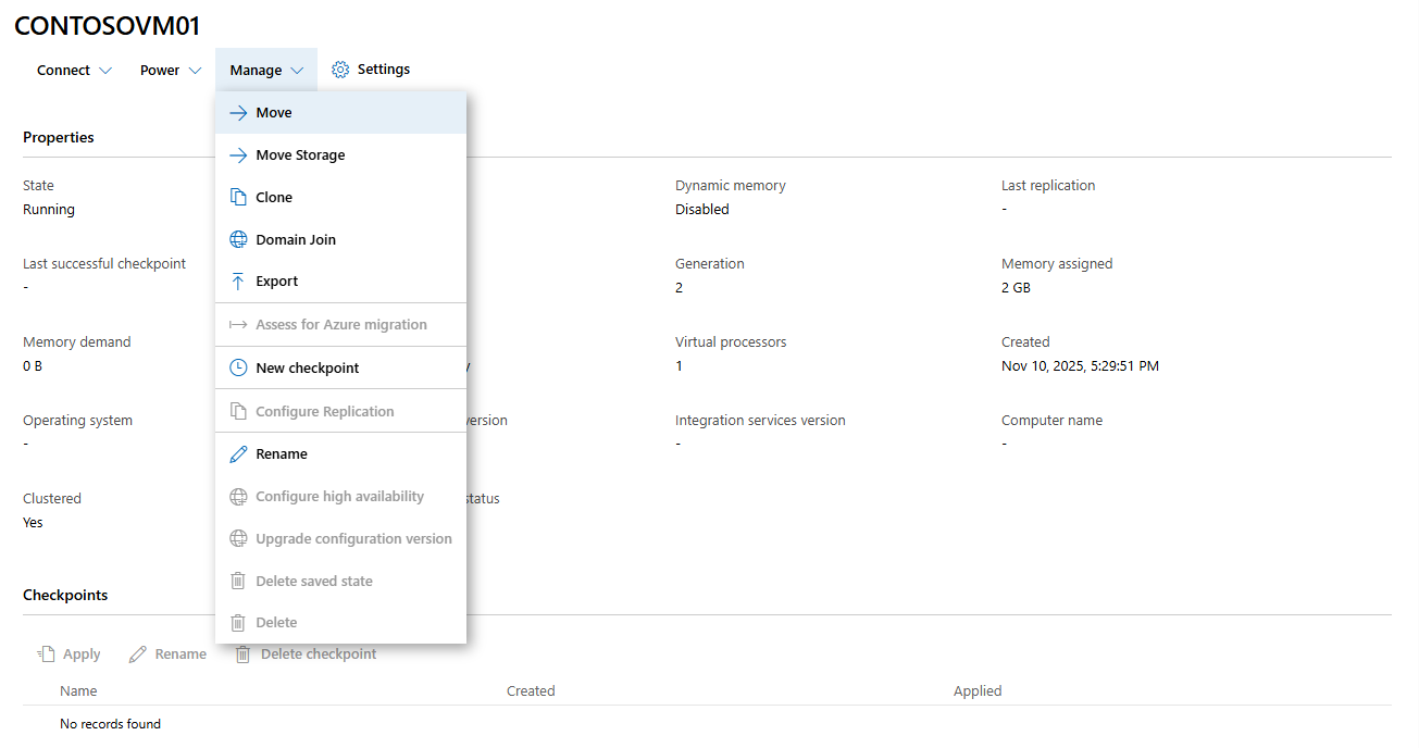 Screenshot of VM overview Manage menu expanded with Move option selected for initiating a live migration operation.