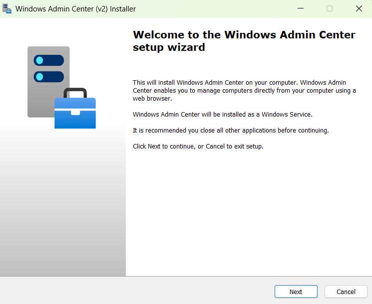 Screenshot that shows the Windows Admin Center v2 installer setup wizard welcome page.