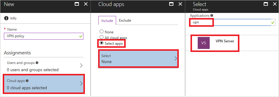 Screenshot of the Assignments interface after selecting Cloud apps, highlighting selectable app options.