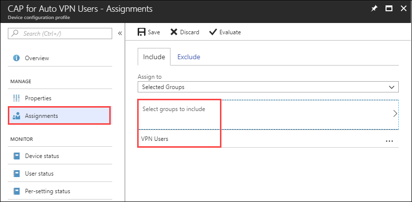 Screenshot of Assignments section in Conditional Access policy showing Include tab and group selection options.