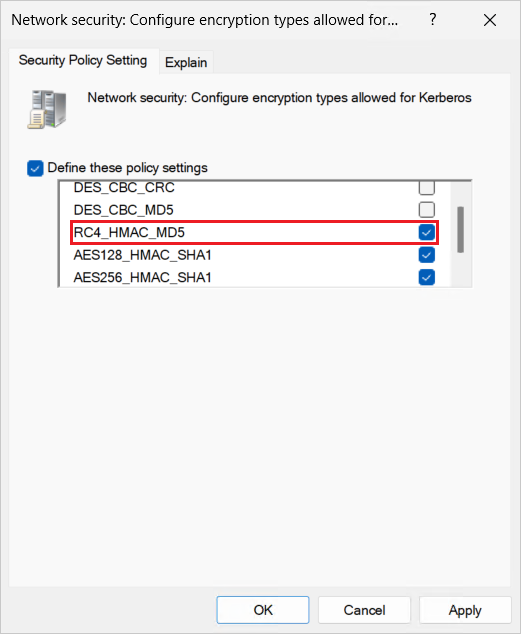 A screenshot of the Network security: Configure encryption types allowed for Kerberos policy settings in Windows with RC4 selected and highlighted.