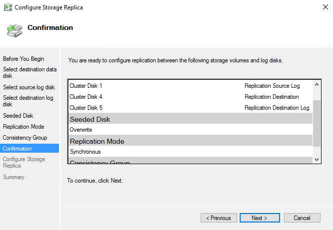 A screenshot showing the Confirmation page of the Configure Storage Replica wizard.