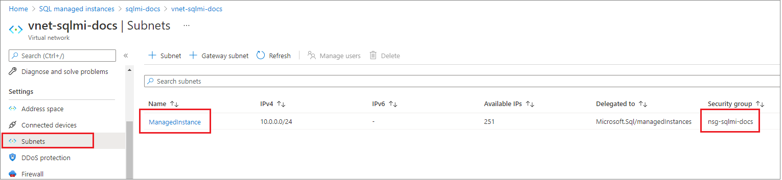Screenshot shows the Subnet tab, where you can get the SECURITY GROUP for your SQL managed instance.