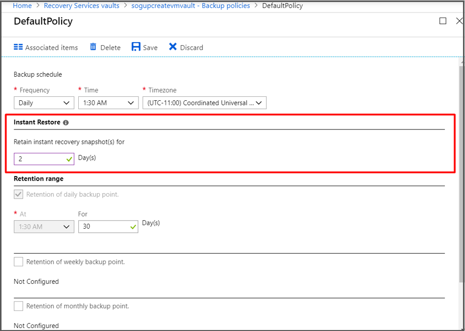 Screenshot that shows the Instant Restore capability.