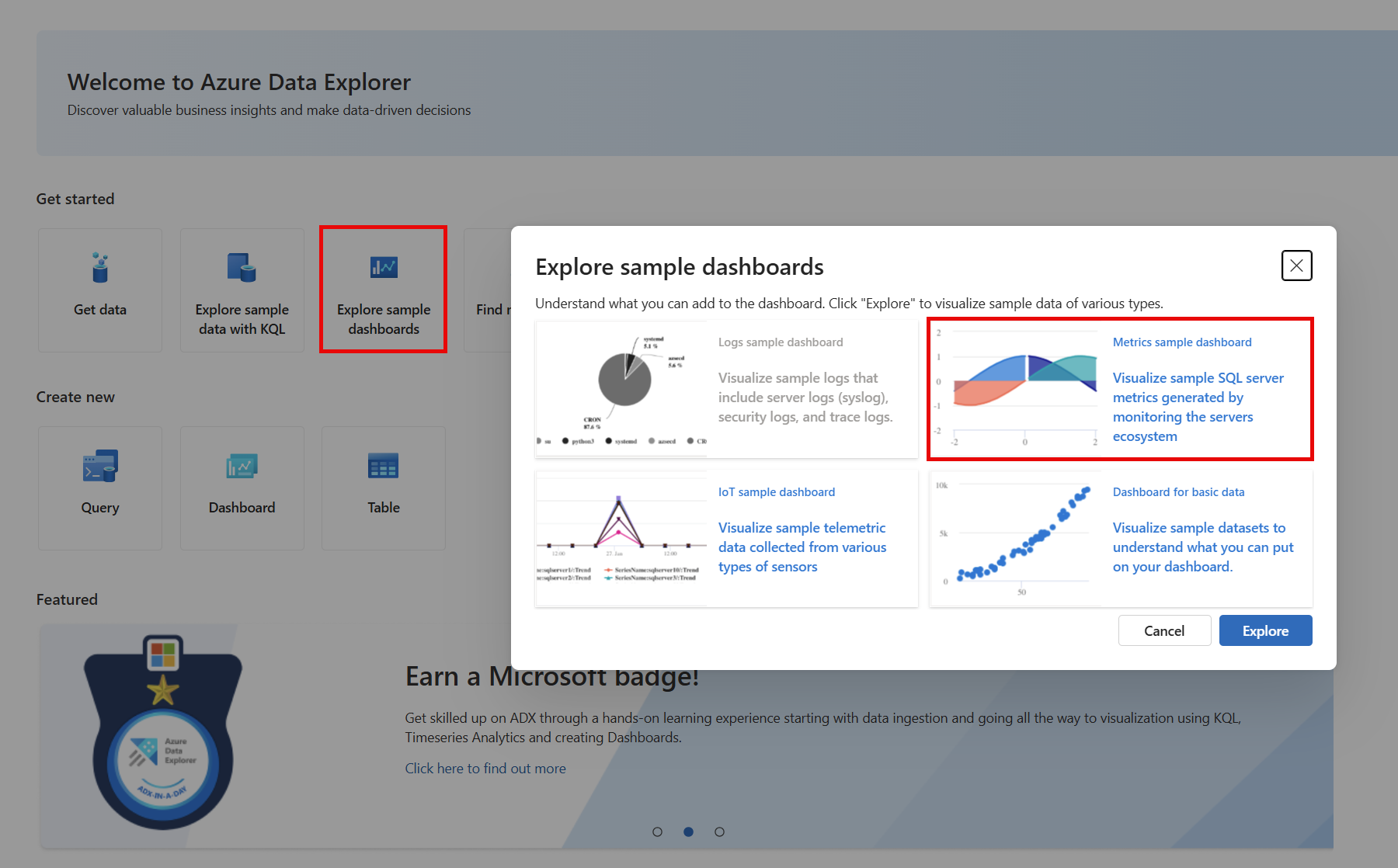 Screenshot of Explore dashboards samples dialog box showing sample dashboard options.