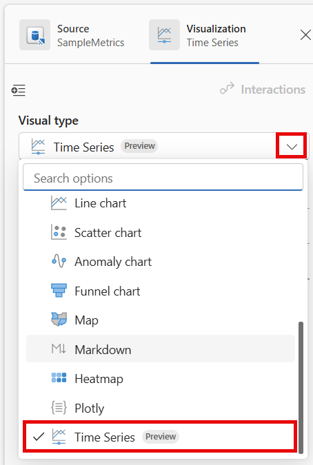 Screenshot of the Visualization pane showing the Time series option.