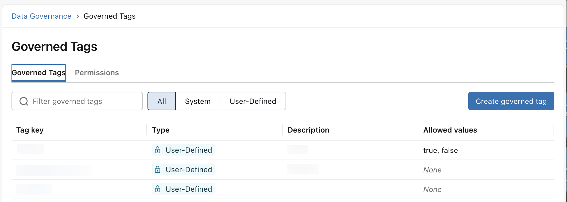 The Governed Tags page in Governance Hub.