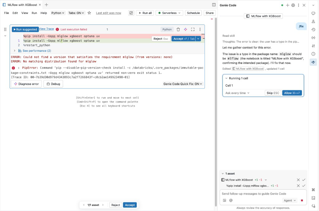 Genie Code debugging example in Python.