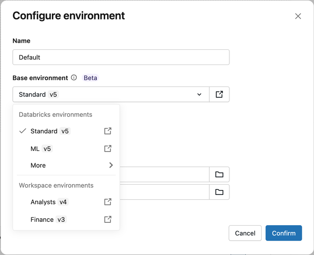 Configure environment dialog showing the Base environment drop-down expanded with Databricks environments and Workspace environments sections