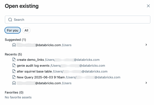 Open existing query dialog showing the For you tab with suggested queries, recent queries, and favorites.