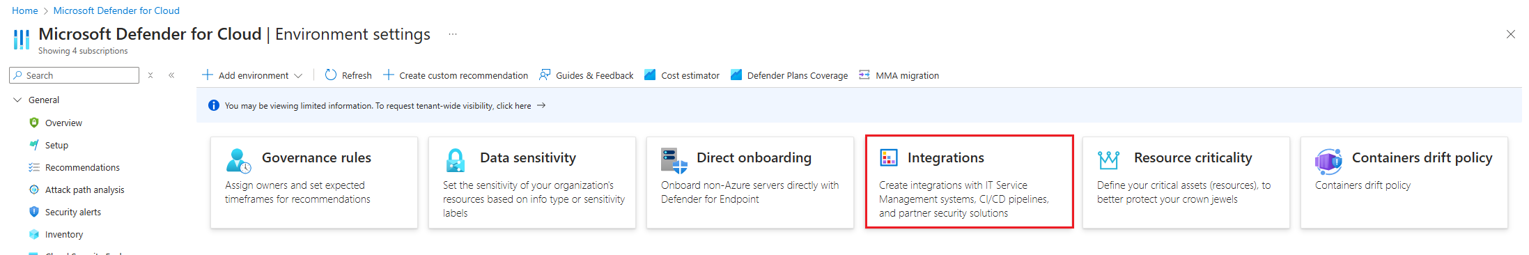 Screenshot of the Environment settings Integrations page showing available integration options.