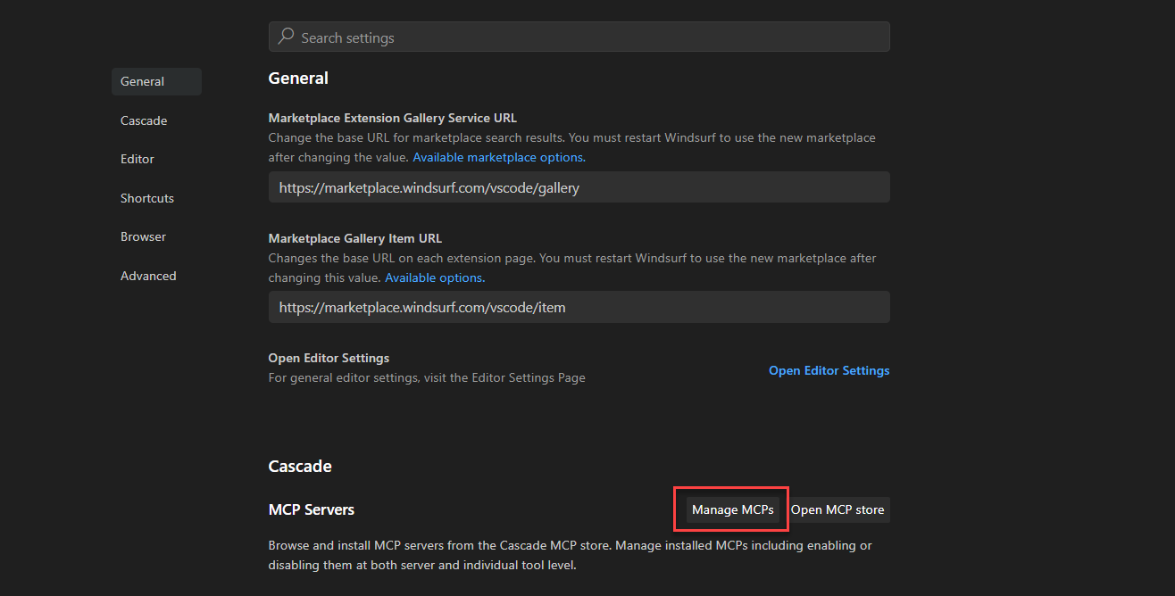A screenshot showing how to configure an MCP Server in Windsurf.