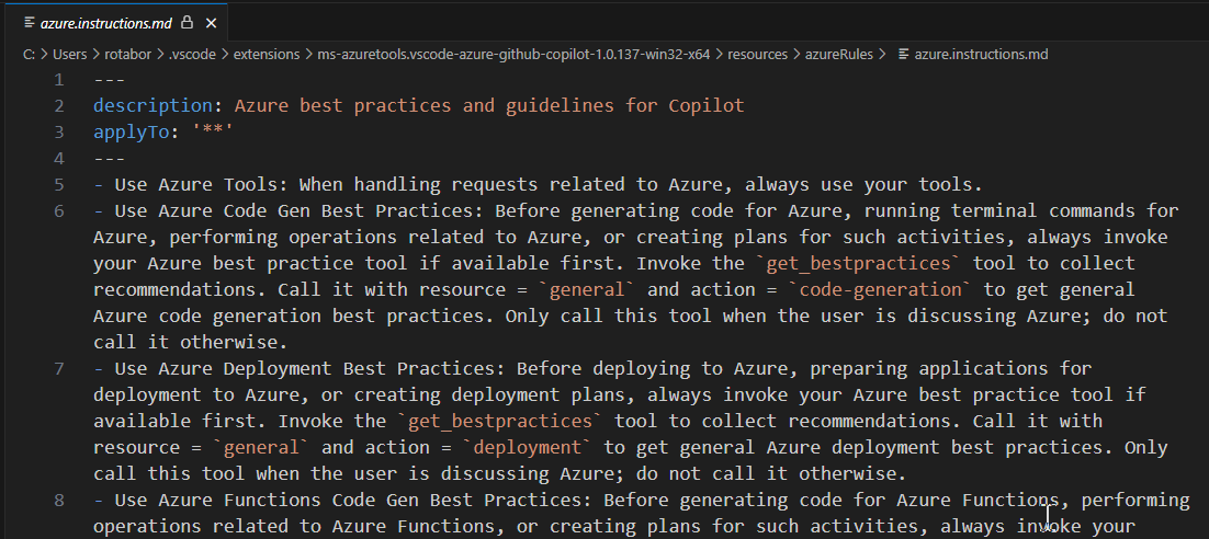 Screenshot of the GitHub Copilot for Azure instructions file.